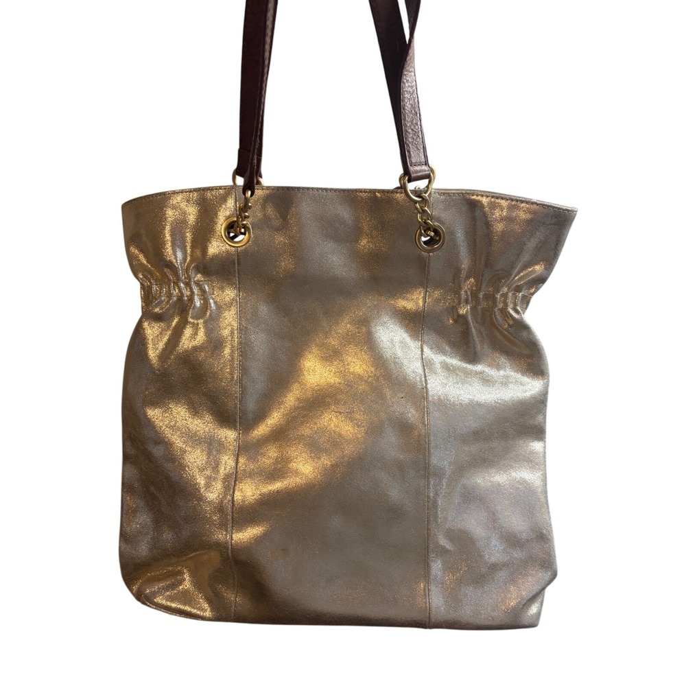 Cynthia Rowley Metallic Gold Leather Tote Bag Brown Straps Tassel Shoulder Bag